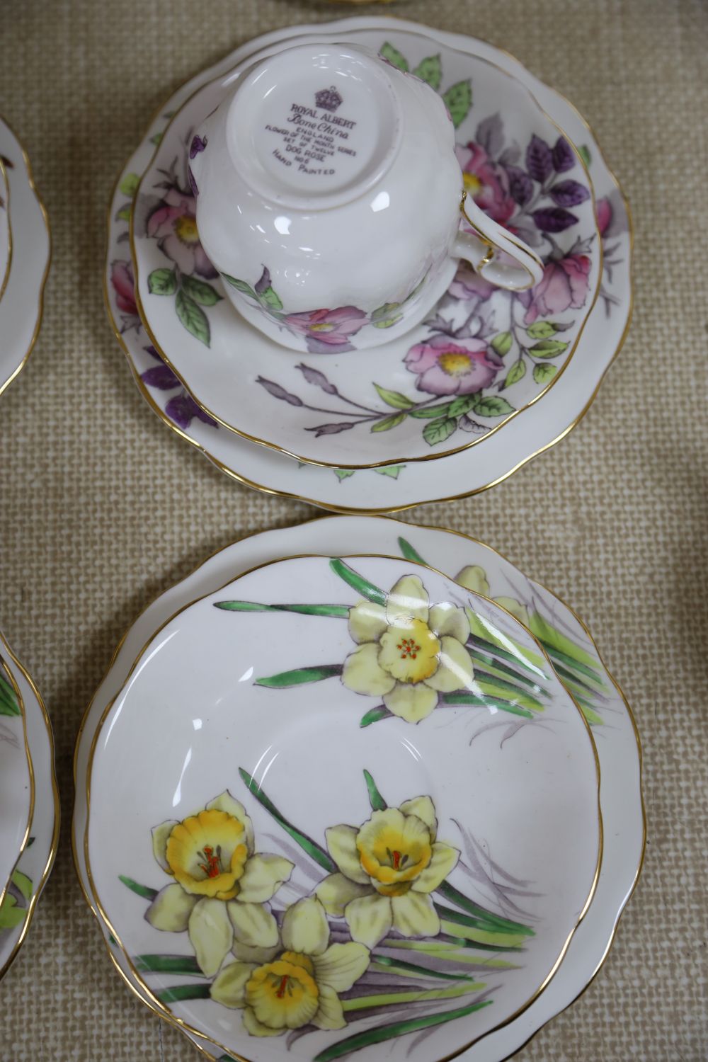 Six Royal Albert Flower of The Month porcelain trios